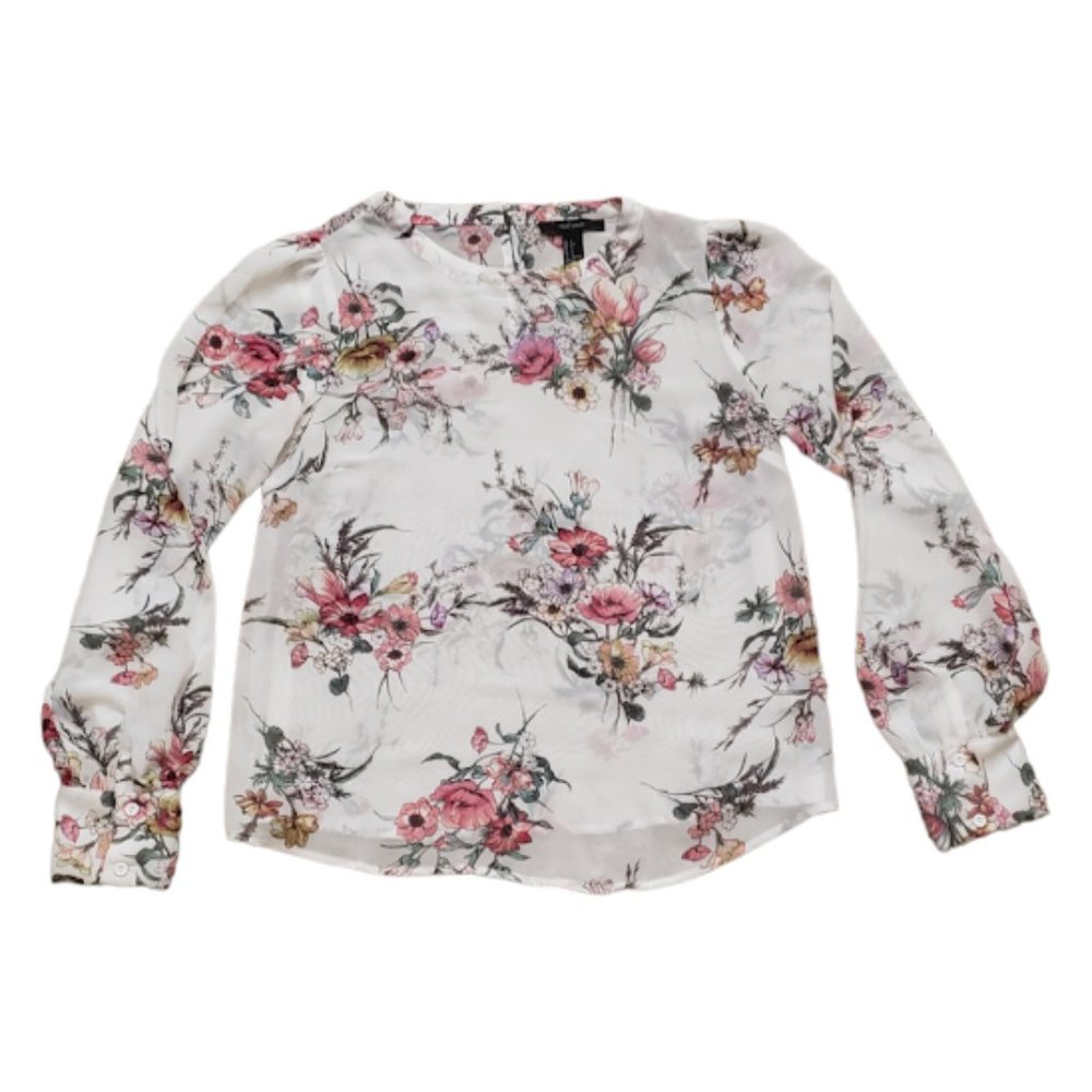 Forever 21 Women Size Small White Pink Floral Sheer Long Sleeve Blouse